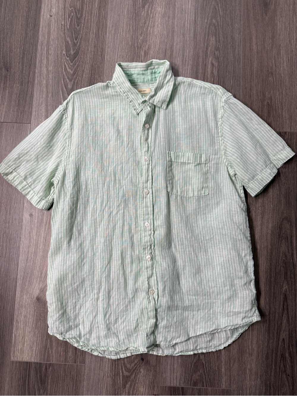 Men's Large Panama Jack Mint Green Striped Pocket Button Down Shirt 100% Linen